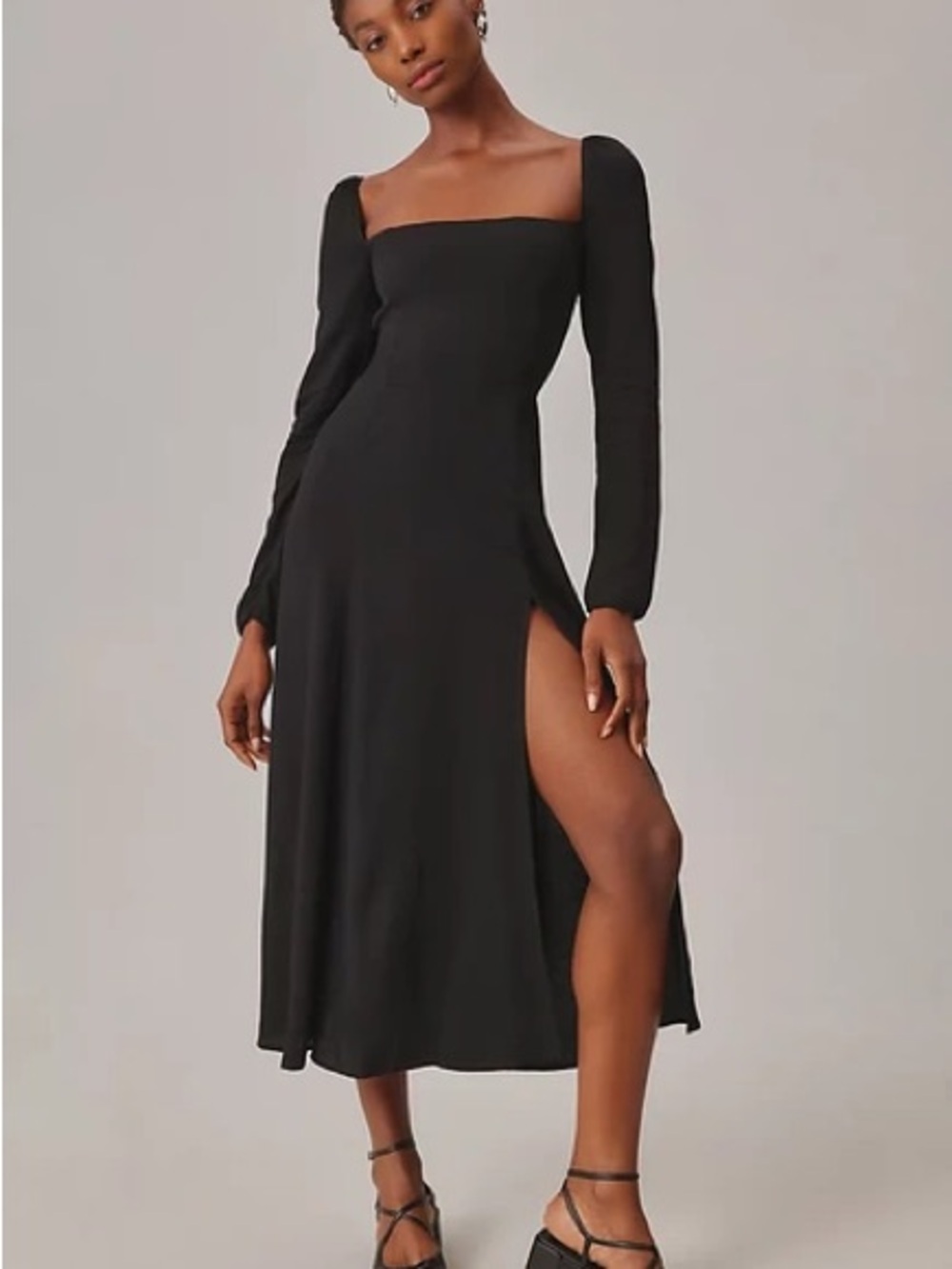 Reformation Black Square-Neck Long-Sleeve Midi Dress with High Slit